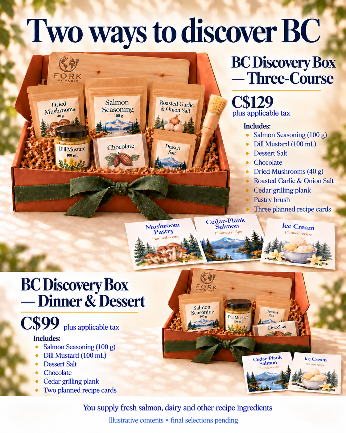 BC Discovery Box Three-Course at C$129 and Dinner & Dessert at C$99 plus applicable tax, with one Dill mustard per box and recipes included.