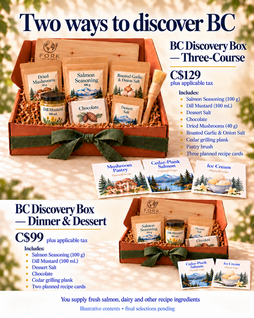 BC Discovery Box Three-Course at C$129 and Dinner & Dessert at C$99 plus applicable tax, with one Dill mustard per box and recipes included.
