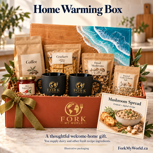 Fork My World Home Warming Box with wave serving board, two black gold-logo mugs, coffee and mushroom spread items.