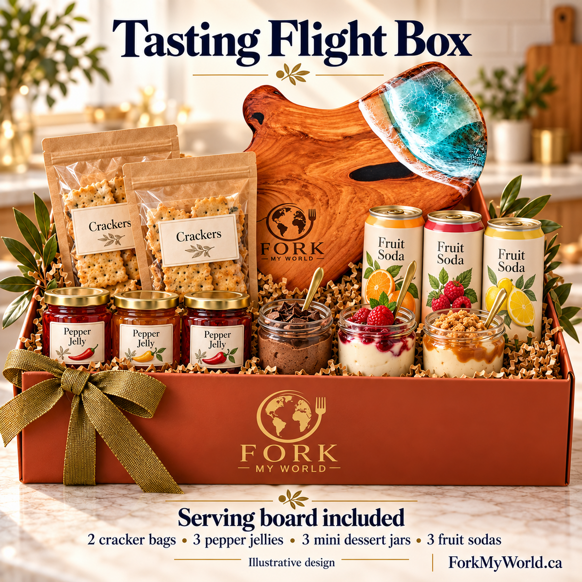 Fork My World Tasting Flight Box with serving board, crackers, pepper jellies, mini desserts and fruit sodas.