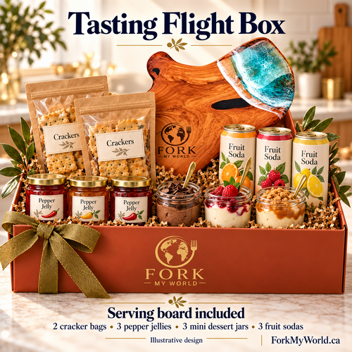 Fork My World Tasting Flight Box with serving board, crackers, pepper jellies, mini desserts and fruit sodas.